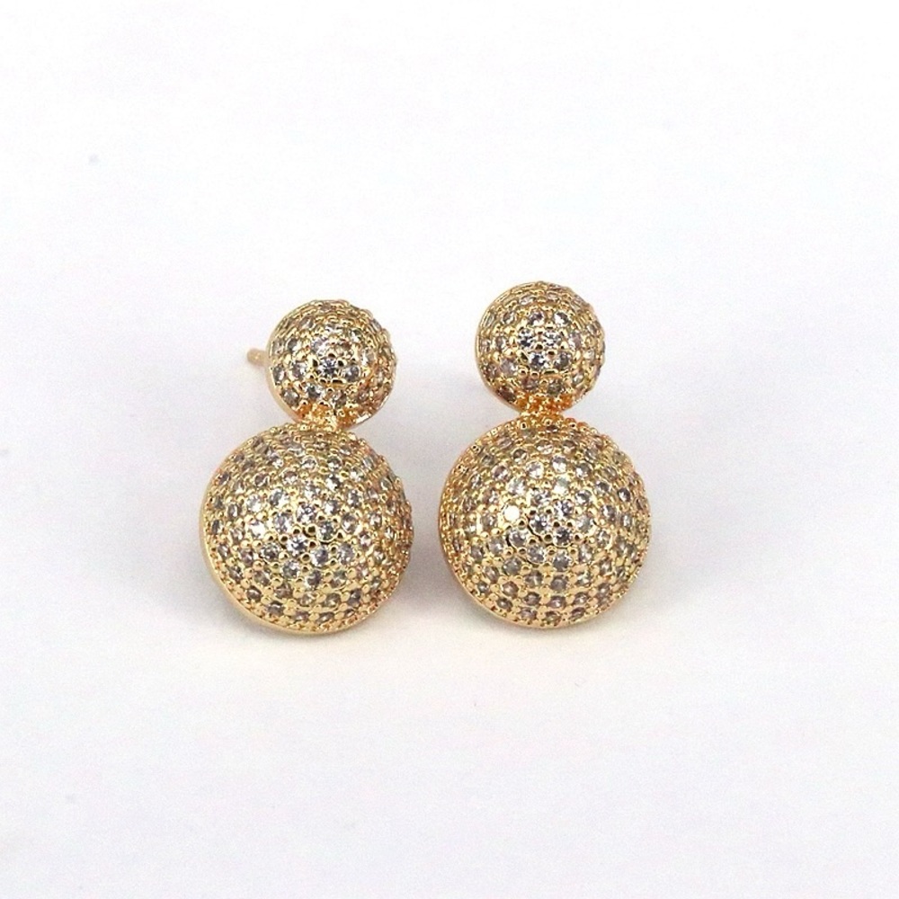 Gold Pavé Double Ball Drop Earrings - Gold